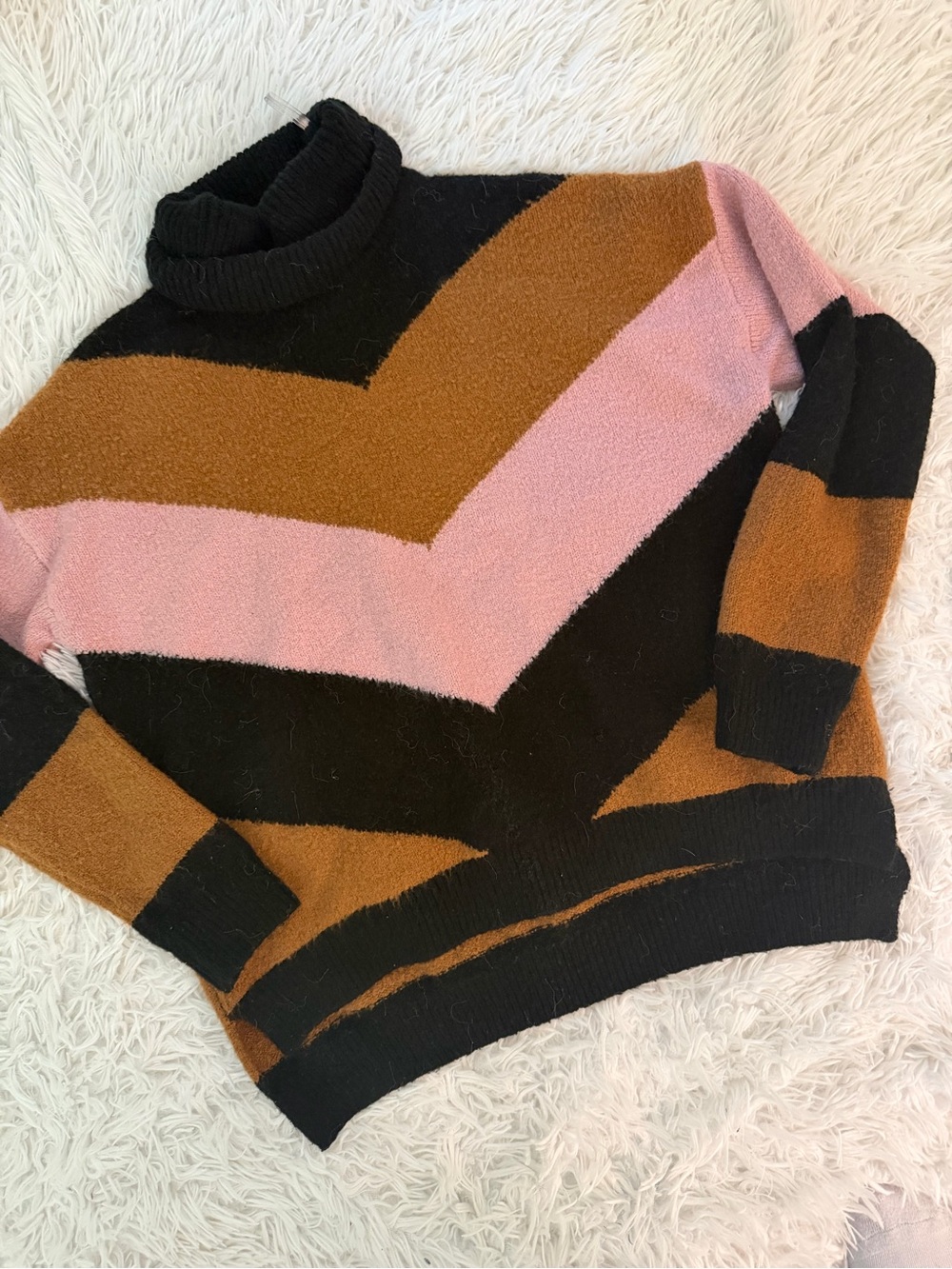 Haley London Colorblock Turtleneck Sweater Brown Pink Black M Cozy